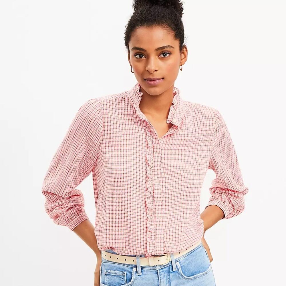 NEW Ann Taylor Loft Plaid Ruffle‎ Long Sleeve Button Down Shirt Size M - Picture 2 of 3